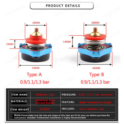 Universal Thermo Temp Gauge Radiator Cap Car Motor Radiator Caps 0.9/1.1/1.3 Bar Small/Big Head